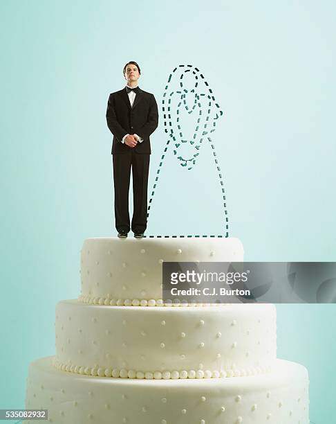 groom on top of wedding cake - ウェディングケーキの人形 ストックフォトと画像