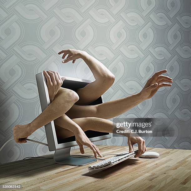 hands reaching out of a computer screen - scary profile stock pictures, royalty-free photos & images
