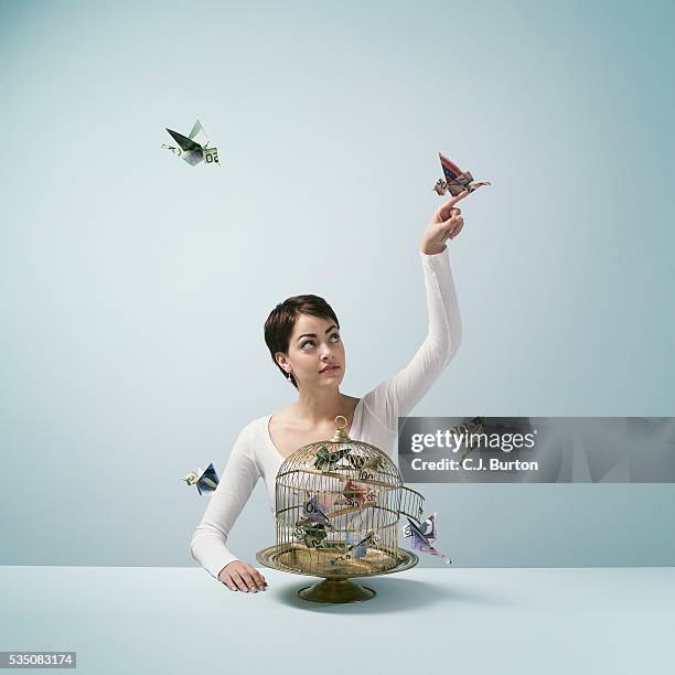 woman with a birdcage and origami birds - canadian dollars stock pictures, royalty-free photos & images