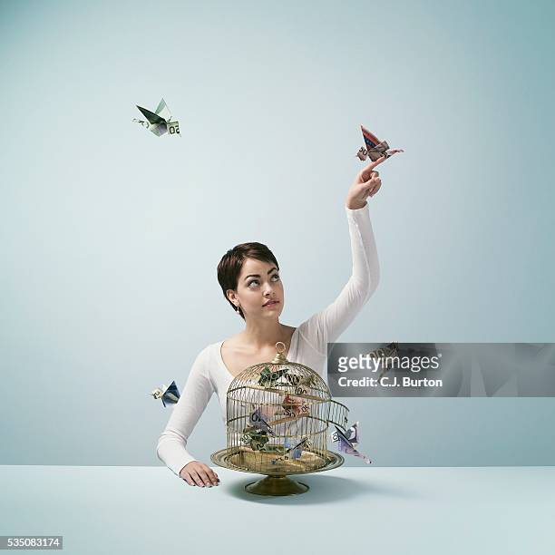 woman with a birdcage and origami birds - birdcage imagens e fotografias de stock
