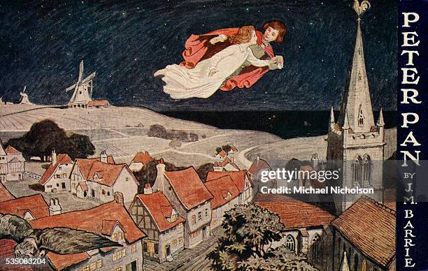 Illustration of Peter Pan and Wendy Flying Over Town
