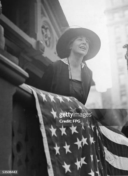 American pacifist leader and former congresswoman Jeannette Rankin addresses a rally at Union Square, New York, New York, September 1924. Rankin...