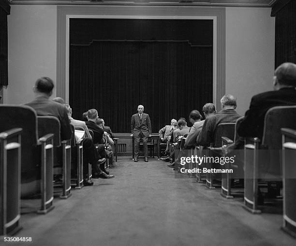 Washington, DC-: Sec. Of State George C. Marshall speaks at a press conference in the State Dep't shortly after seeing President Truman on his...