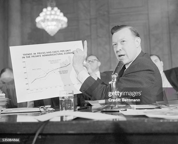 Washington, DC- Auto workers Union President Walter Reuther points to a chart during his testimony before a Senate anti-monopoly hearing. Reuther...