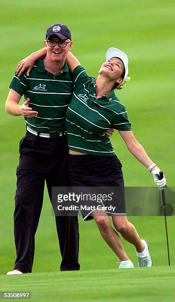 Celebrity golfer Catherine Zeta-Jones and Chris Evans on the final day of The All-Star Cup Celebrity Golf tournament at the Celtic Manor Resort on...
