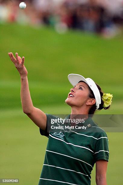 Celebrity golfer Catherine Zeta-Jones at the final hole on the final day of The All-Star Cup Celebrity Golf tournament at the Celtic Manor Resort on...