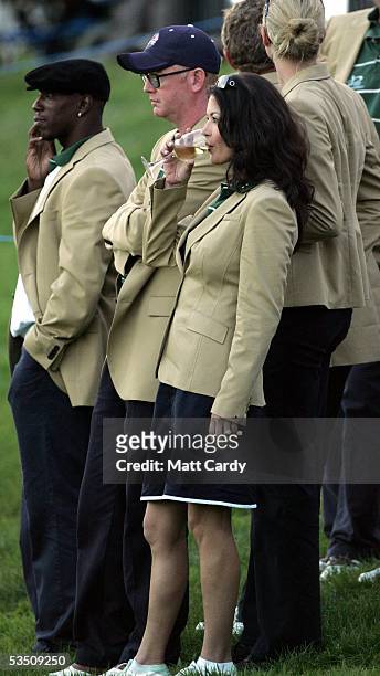 Celebrity golfers Ian Wright, Chris Evans and Catherine Zeta-Jones watch the final teams compete on the final day of The All-Star Cup Celebrity Golf...