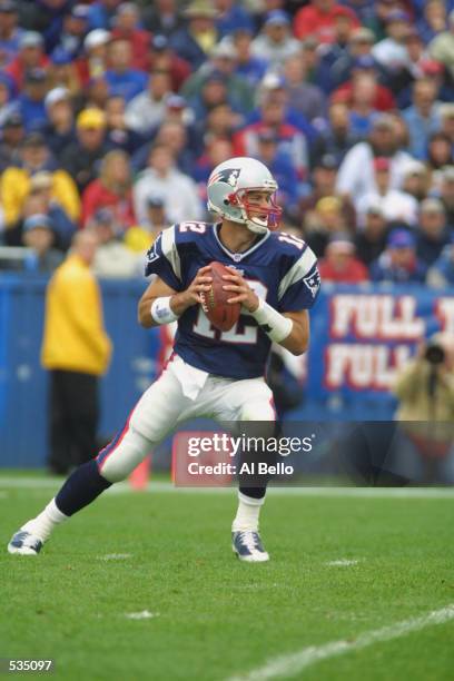 Tom Brady quarterback for the New England Patriots passes versus the San Diego Chargers during their game at Foxboro Stadium in Foxboro,...