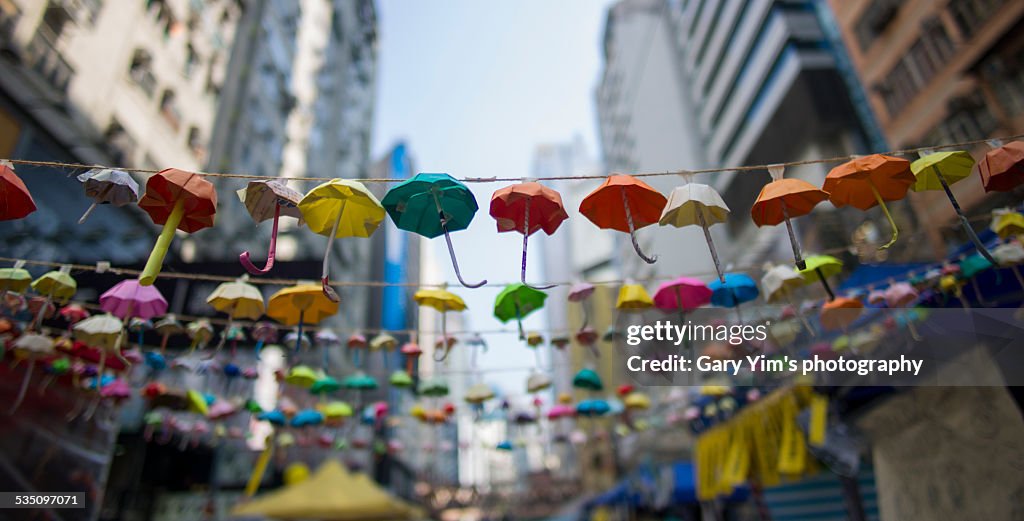 Colorful paper umbrellas on the street