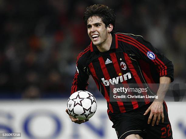 Kaka celebrates scoring a goal during the 2006-2007 UEFA Champions League match between Milan AC and Bayern Munich.