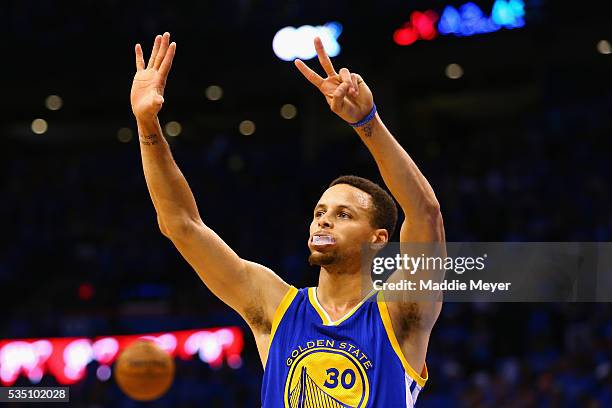Stephen Curry of the Golden State Warriors gestures during the fourth quarter against the Oklahoma City Thunder in game six of the Western Conference...
