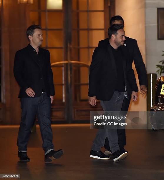 Anthony McPartlin and Declan Donnelly leave The Grosvenor House Hotel in Mayfair on May 28, 2016 in London, England.