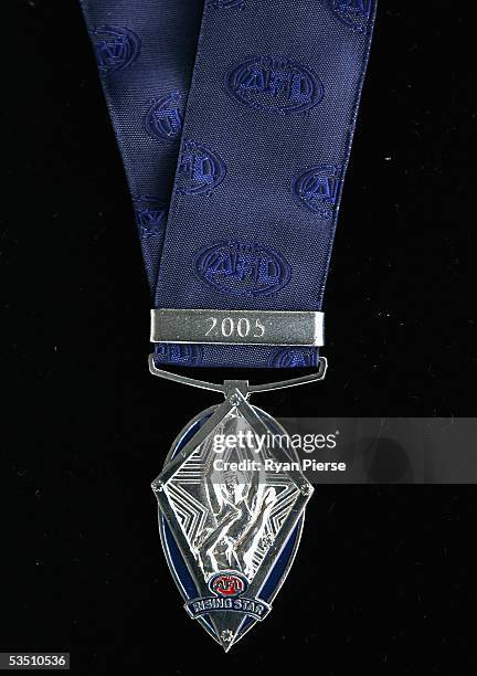 The 2005 AFL Rising Star medal which is awarded to the best young player is shown during the Official 2005 Premiership Cup and Medals hand-over at...