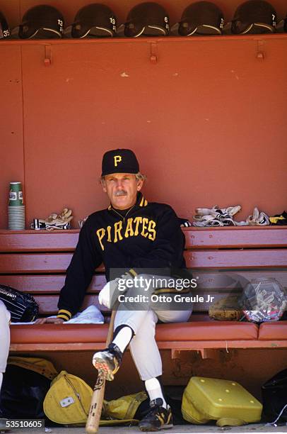 Manager Jim Leyland of the Pittsburgh Pirates sits in a dugout during a 1990 MLB season game against the San Francisco Giants at Candlestick Park in...