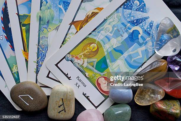 karma tarot card , runes & crystals - tarot cards stock pictures, royalty-free photos & images