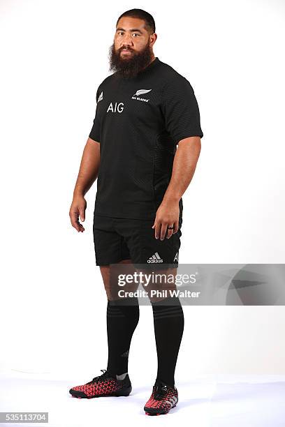 Charlie Faumuina of the All Blacks poses for a portrait during a New Zealand All Black portrait session on May 29, 2016 in Auckland, New Zealand.