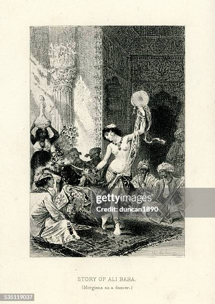 1001 arabian nights - ali baba and the forty thieves - belly dancer stock illustrations