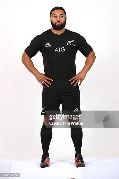 Lima Sopoaga of the All Blacks poses for a portrait during a New Zealand All Black portrait session on May 29, 2016 in Auckland, New Zealand.