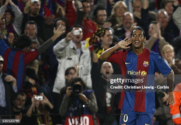 Ronaldinho celebrates during the 2006-2007 UEFA Champions League match between FC Barcelona and Werder Bremen. | Location: Barcelona, Spain.