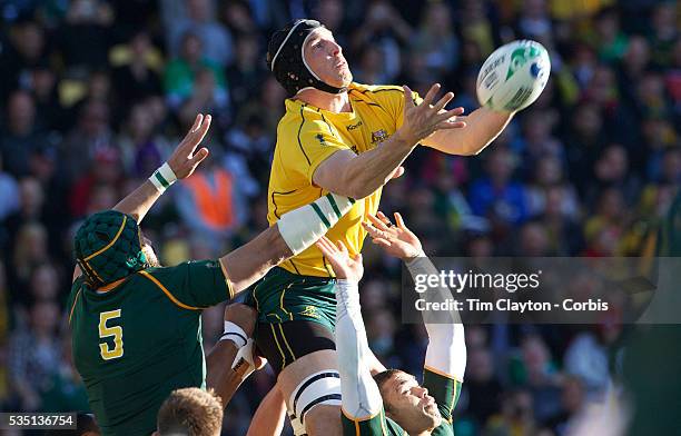 Dan Vickerman, Australia, wins the ball from Victor Matfield, South Africa, during the South Africa V Australia Quarter Final match at the IRB Rugby...