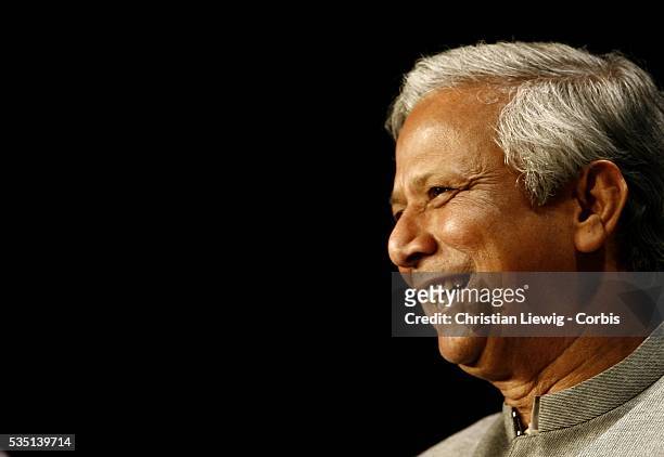 Bangladeshi 2006 Nobel Peace Prize winner Professor Mohammad Yunus, the first ever Nobel laureate of Bangladesh, attends a conference at the Palais...