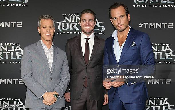 Brad Fuller, Stephen Amell and Will Arnett arrive ahead of the Australian premiere of Teenage Mutant Ninja Turtles 2 at Event Cinemas George Street...