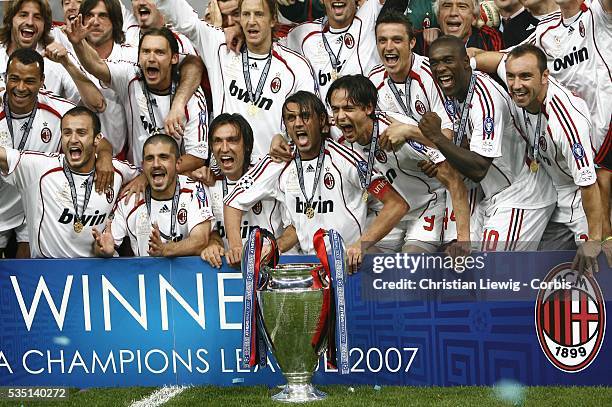 Milan players celebrate winning the 2006-2007 UEFA Champions League final between AC Milan and Liverpool FC.