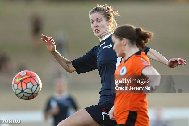 Alesha Clifford of the Stallion challenges for the ball during the women's National Premier League match between Blacktown and Marconi at Blacktown...