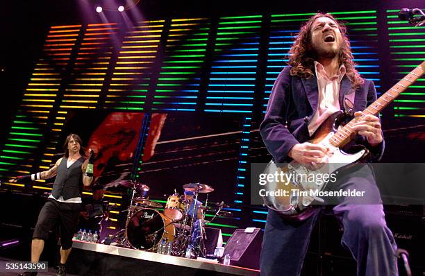 Anthony Kiedis drummer Chad Smith, and guitarist John Frusciante of "The Red Hot Chili Peppers" perform part of the bands "Stadium Arcadium" release...