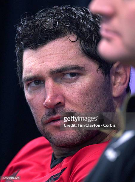 Stephen Donald, New Zealand, during the All Black's Press Conference at Smart Stadium, Auckland, in preparation for the Rugby World Cup Final against...