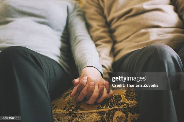 senior couple holding hands - couple couch imagens e fotografias de stock