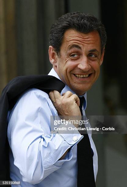 French President Nicolas Sarkozy attends the first weekly cabinet meeting of the new government, at the Elysee Palace.