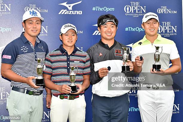 Hideto Tanihara of Japan, Syugo Imahira of Japan, Kodai Ichihara of Japan and Sang-Hee Lee of South Korea pose after they qualified during the final...