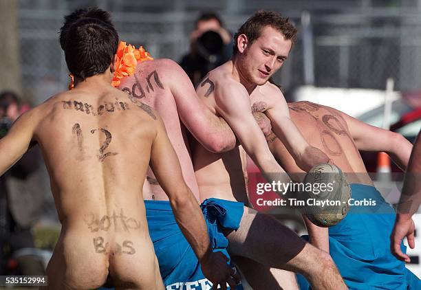 Action during the 'Nude Blacks' versus a Fijian invitation side played at Logan Park, Dunedin as an unofficial curtain raiser match before the New...