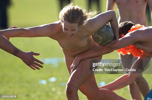 Rachel Scott from Dunedin in action during the 'Nude Blacks' versus a Fijian invitation side played at Logan Park, Dunedin as an unofficial curtain...