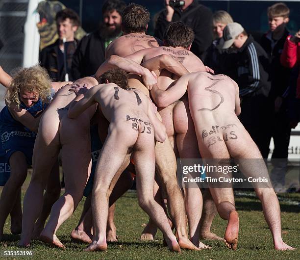 Scrum is contested during the 'Nude Blacks' versus a Fijian invitation side played at Logan Park, Dunedin as an unofficial curtain raiser match...