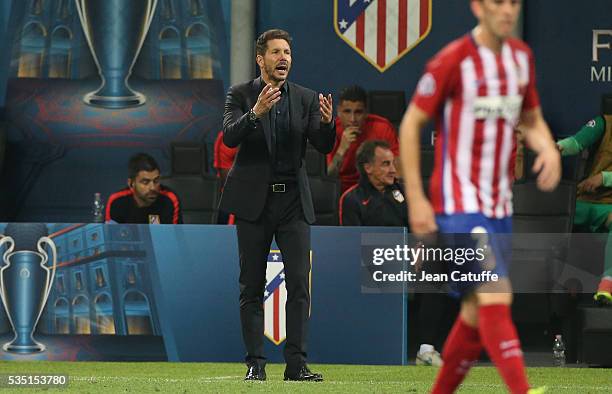 Coach of Atletico Madrid Diego Simeone gestures during the UEFA Champions League final between Real Madrid and Club Atletico Madrid at Stadio...