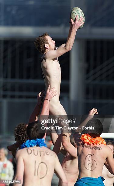 Action during the 'Nude Blacks' versus a Fijian invitation side played at Logan Park, Dunedin as an unofficial curtain raiser match before the New...