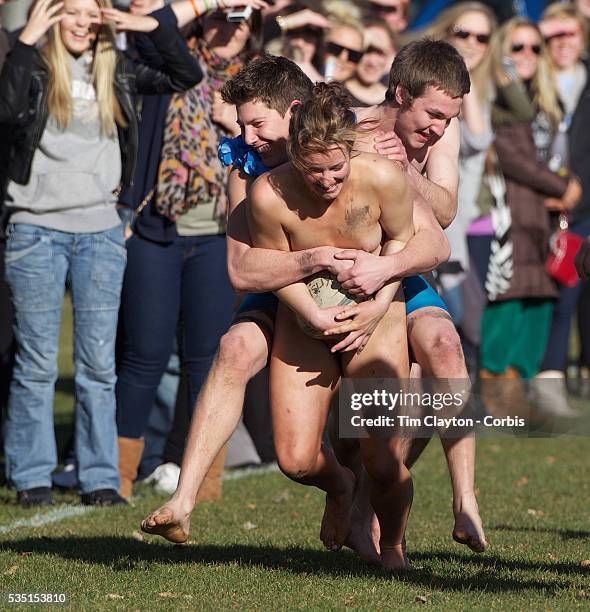 Rachel Scott is tackled during the 'Nude Blacks' versus a Fijian invitation side played at Logan Park, Dunedin as an unofficial curtain raiser match...