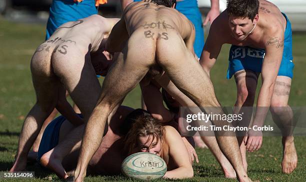 Rachel Scott releases the ball in the tackle during the 'Nude Blacks' versus a Fijian invitation side played at Logan Park, Dunedin as an unofficial...