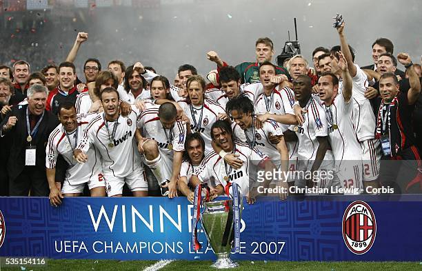 Milan players celebrate winning the 2006-2007 UEFA Champions League final between AC Milan and Liverpool FC.