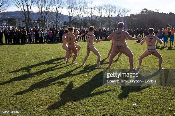 The 'Nude Blacks' perform The Haka before the start of the 'Nude Blacks' versus a Fijian invitation side played at Logan Park, Dunedin as an...