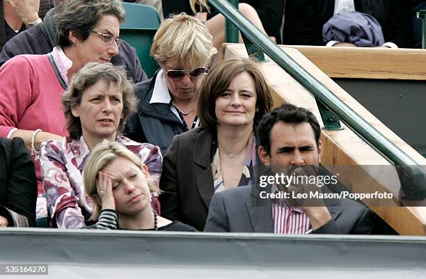 Cherie Blair watches a match on Centre Court during the 2007 Wimbledon Tennis Championships at the All England Lawn Tennis Club in Wimbledon, London...