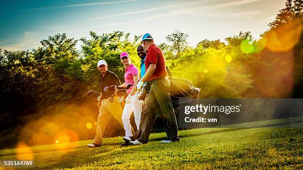 amigos a jogar golfe em um belo dia ensolarado - golfing imagens e fotografias de stock