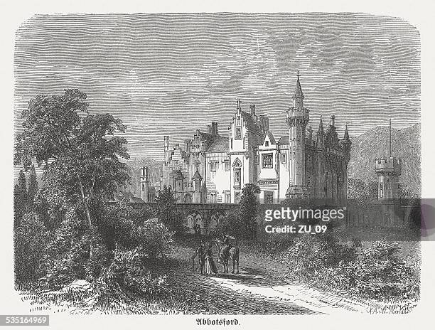 abbotsford house, residence of sir walter scott, published in 1871 - abbotsford canada stock illustrations