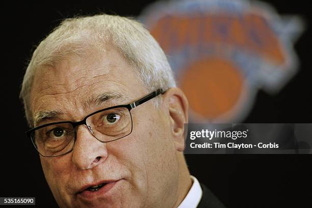 Phil Jackson talking to the media during the New York Knicks Press Conference announcing Jackson as the New President of the New York Knicks at...