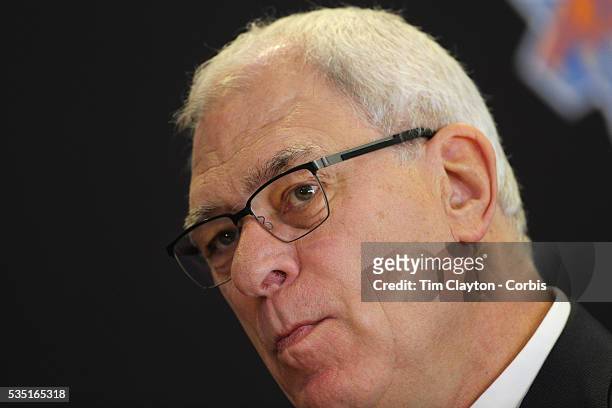 Phil Jackson talking to the media during the New York Knicks Press Conference announcing Jackson as the New President of the New York Knicks at...