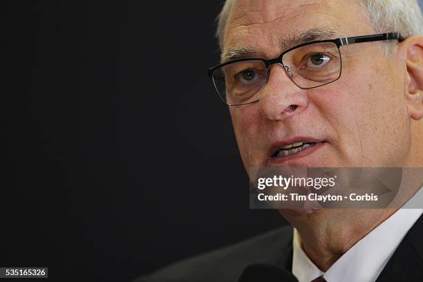 Phil Jackson talking to the media during the New York Knicks Press Conference announcing Jackson as the New President of the New York Knicks at...