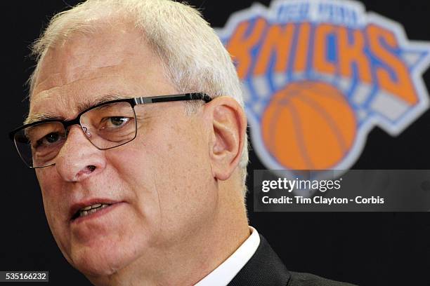 Phil Jackson talking to the media during the New York Knicks Press Conference announcing Jackson as the New President of the New York Knicks at...