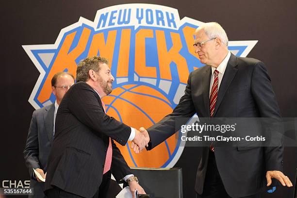 Phil Jackson facing the media with New York Knicks owner James Dolan during the New York Knicks Press Conference announcing Phil Jackson as the new...